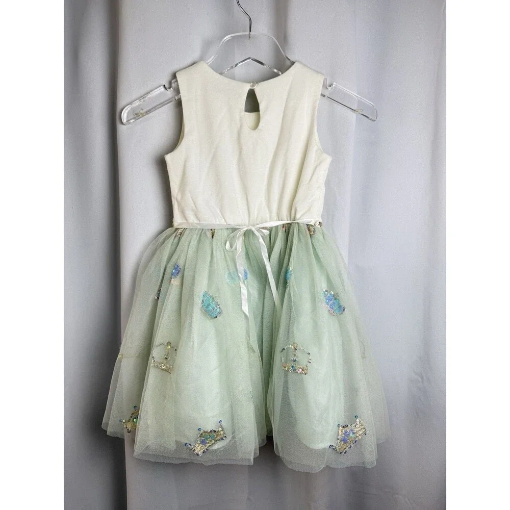 Zunie Girls Crown Sequin Sleeveless Tulle Dress In Cream & Mint Green Sz 6 New